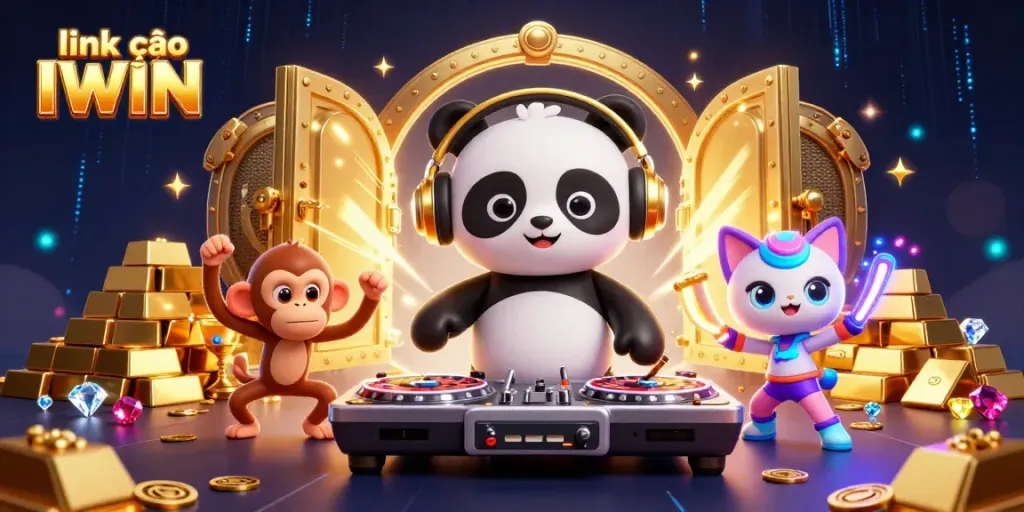 Engage with the vibrant world of gaming at link vào IWIN, featuring animated characters in a dynamic casino scene.