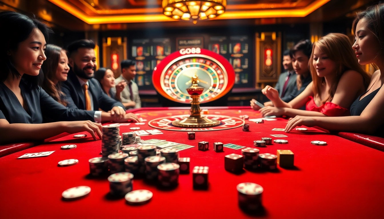 Gambling excitement at the Go88-themed casino table with cards and chips.