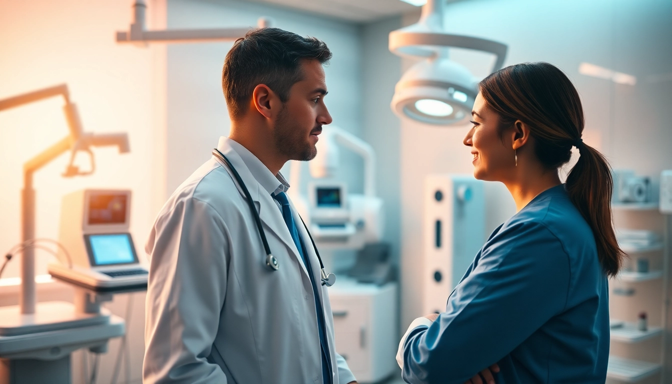Driada medical Beratung im modernen Klinikraum mit freundlichem Arzt und Patient.