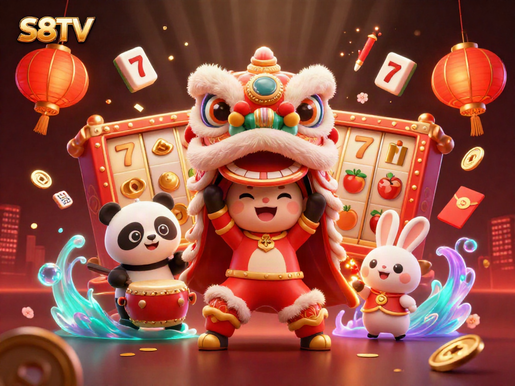 S8TV showcases a vibrant 3D casino scene filled with fortune symbols and festive characters.