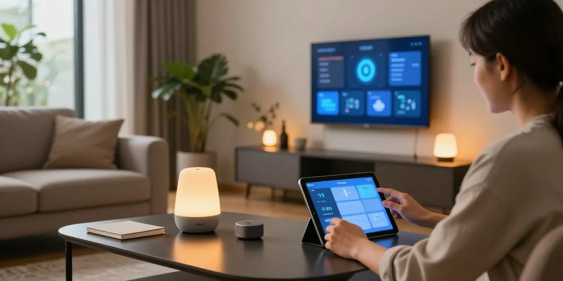 Homey Pro Erfahrungen in a modern living room setup featuring smart devices and user interaction