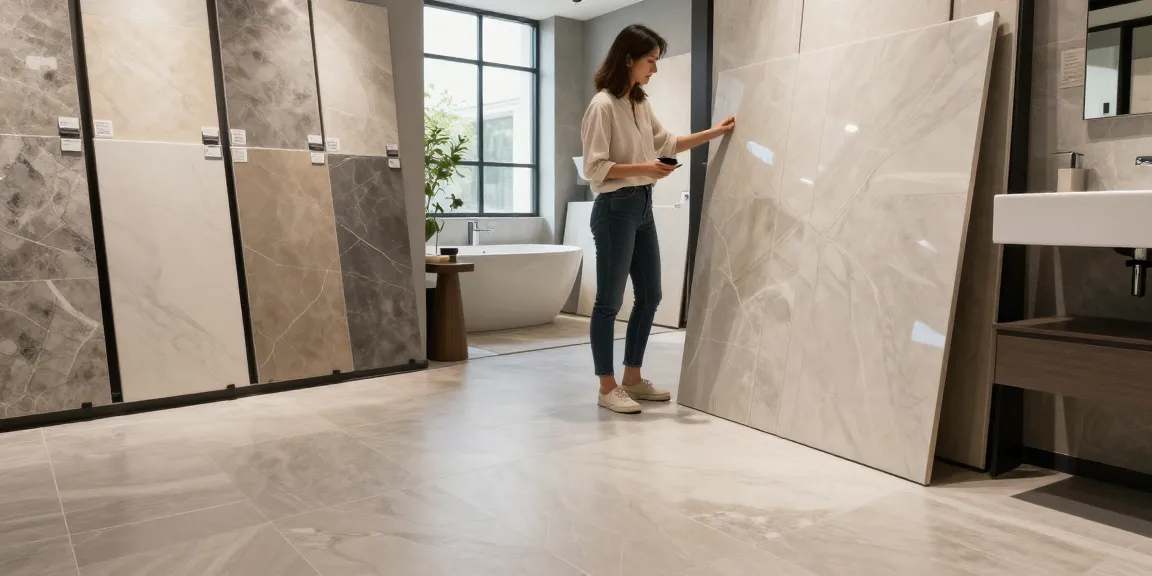 Exquise vloertegels badkamer tentoongesteld in een moderne showroom, met nadruk op kwaliteit en stijl.
