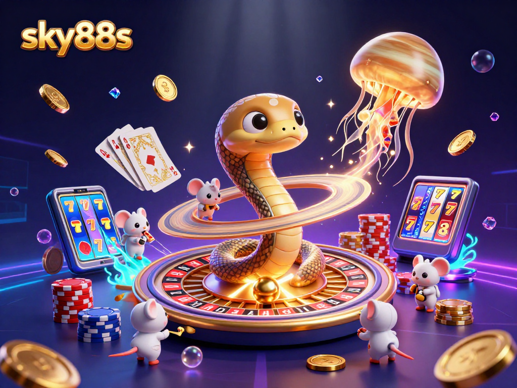 Engage with sky88s as mice make bets on Saturn's roulette rings in a vibrant cosmic casino scene.
