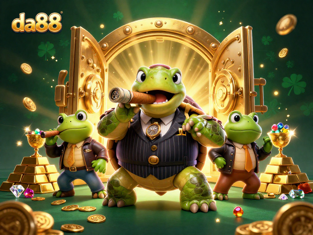 Engage in thrilling casino action with da88, featuring a cartoon turtle mobster and two bullfrogs.
