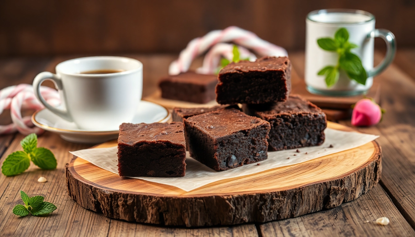 Leckere Hash Brownies frisch aus dem Ofen, serviert auf einem rustikalen Holzbrett mit Kaffeetasse und Minze.