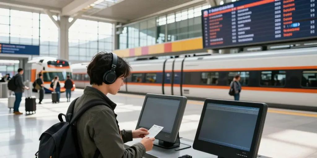 Zugticket am Bahnhof: Reisender prüft sein Ticket auf dem Smartphone.