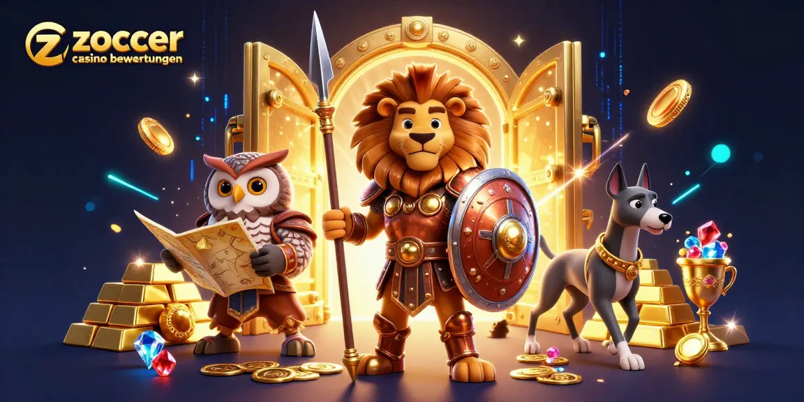 Zoccer casino bewertungen highlights gaming excitement and wealth, with a lion warrior and owl strategist.