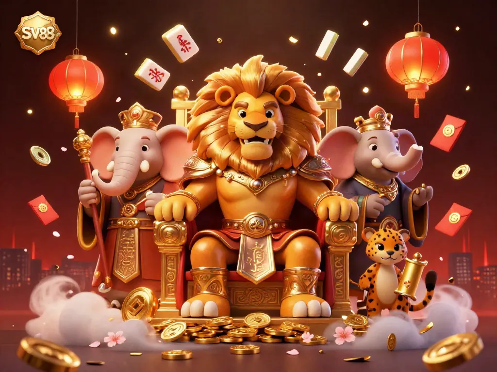 Experience thrilling gameplay at SV88 with a lion king and friends surrounded by casino elements.