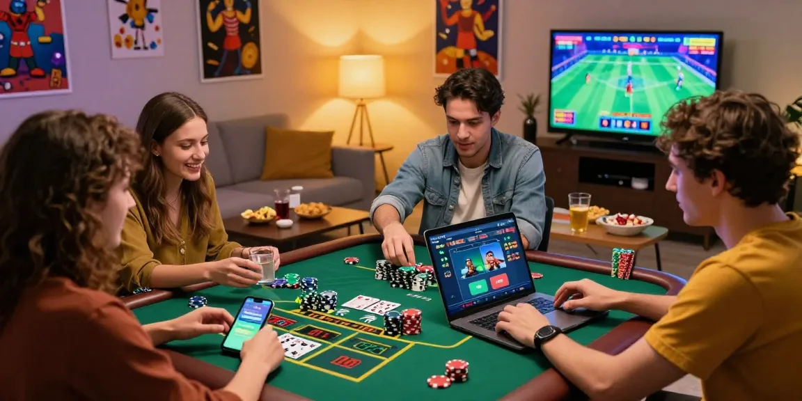 Freunde genießen ein Live-Spiel in einem Paysafe Card Casino, das eine lebendige Atmosphäre und mobile Transaktionen zeigt.