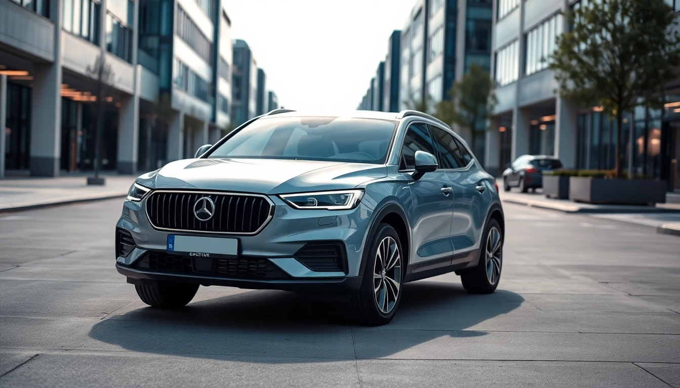 Simpcar präsentiert ein modernes Auto in urbaner Umgebung, ideal für Smartphone-Verleihdienste.
