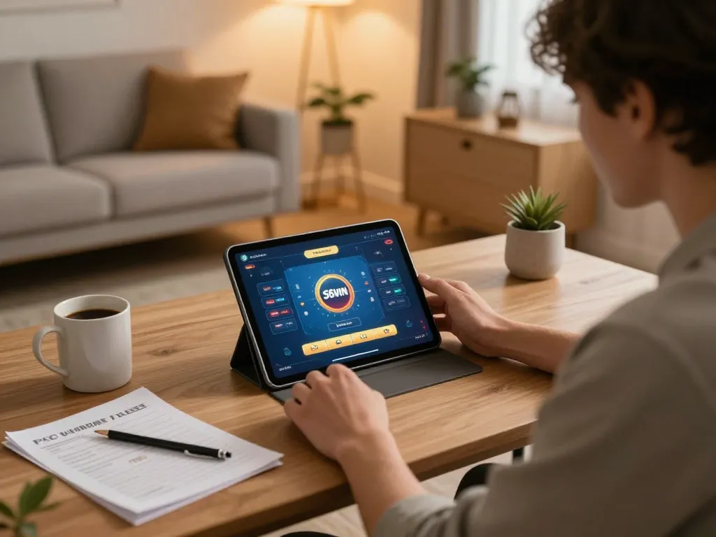 Gamer using the 56WIN app on tablet, showcasing responsible gaming with strategic notes
