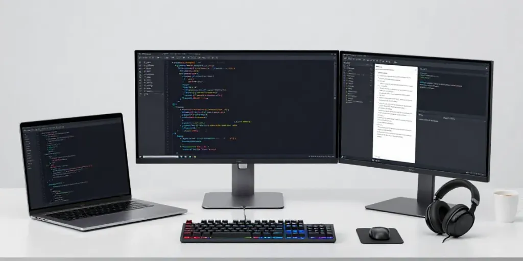 gg in einem modernen Entwicklerarbeitsplatz mit Code, Softwareentwicklung und technischen Dokumenten.