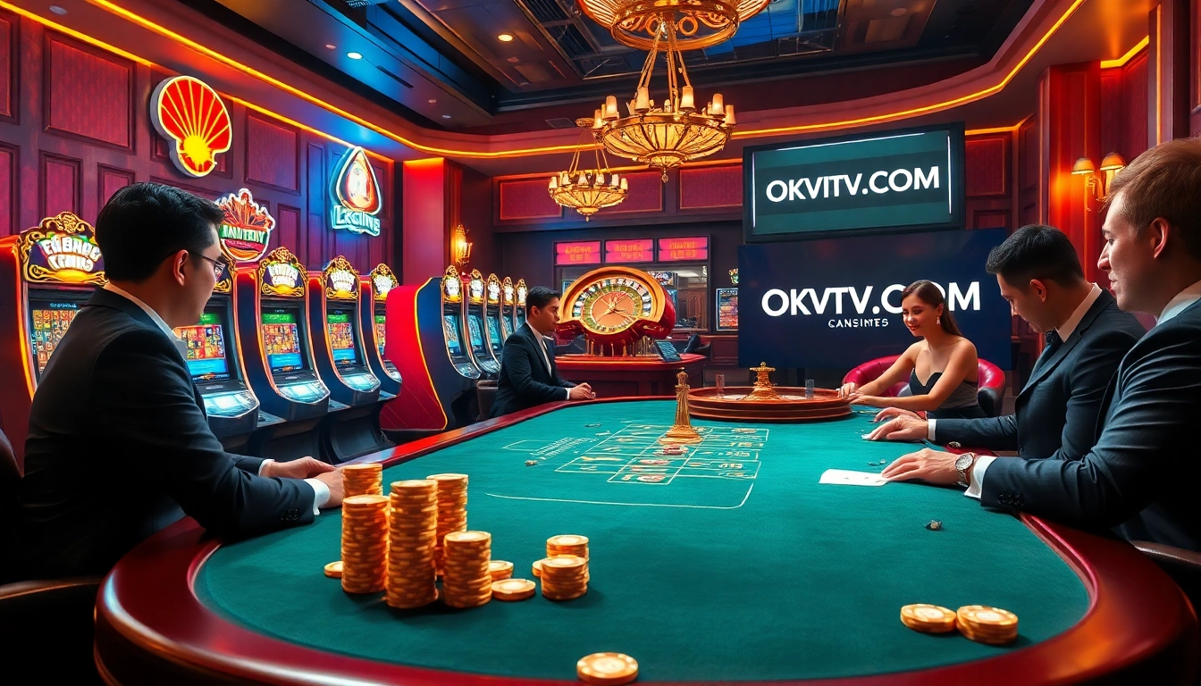 Experience high-stakes gameplay at OKVIPTV.COM with a luxurious poker table and vibrant slot machines.