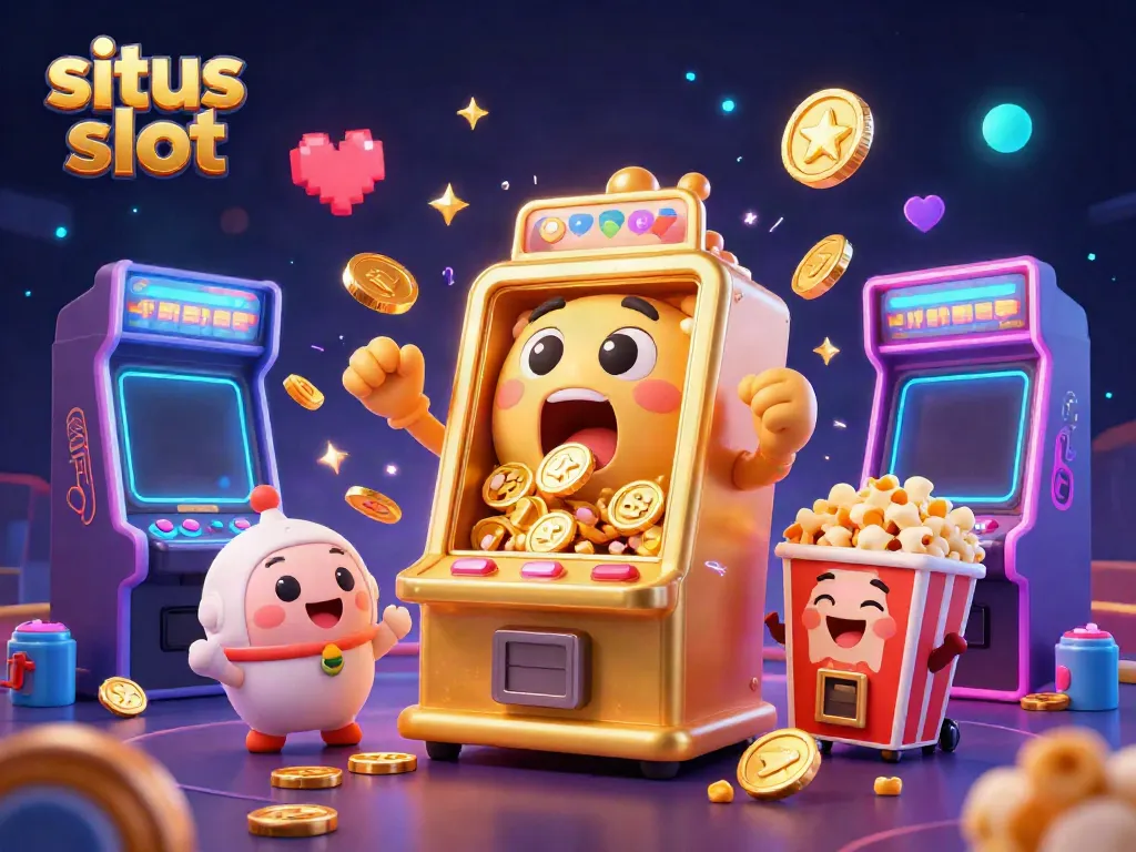 Experience the thrill of situs slot with a dynamic scene of a cheerful golden slot machine winning a jackpot.