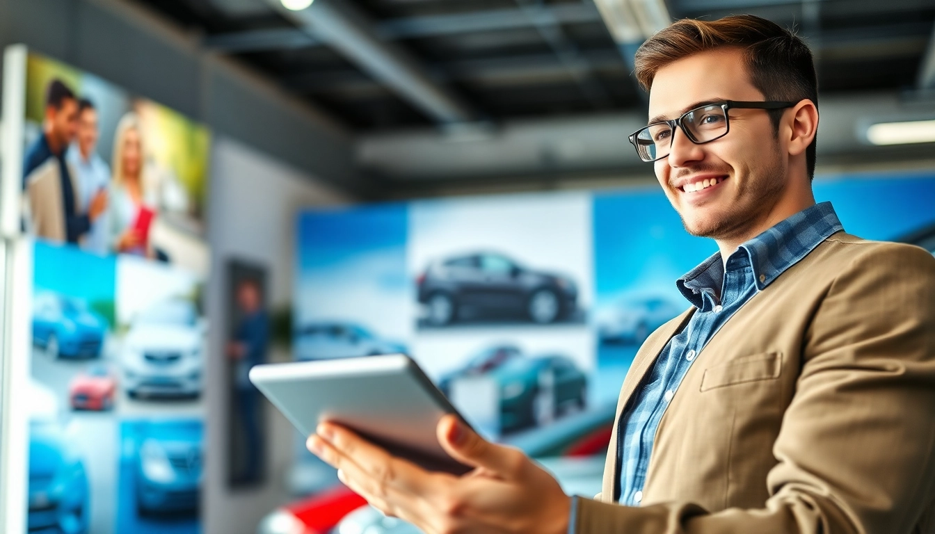 Autoankauf Serviceprofessional prüft Fahrzeug mit Tablet in hellem, einladendem Büro.