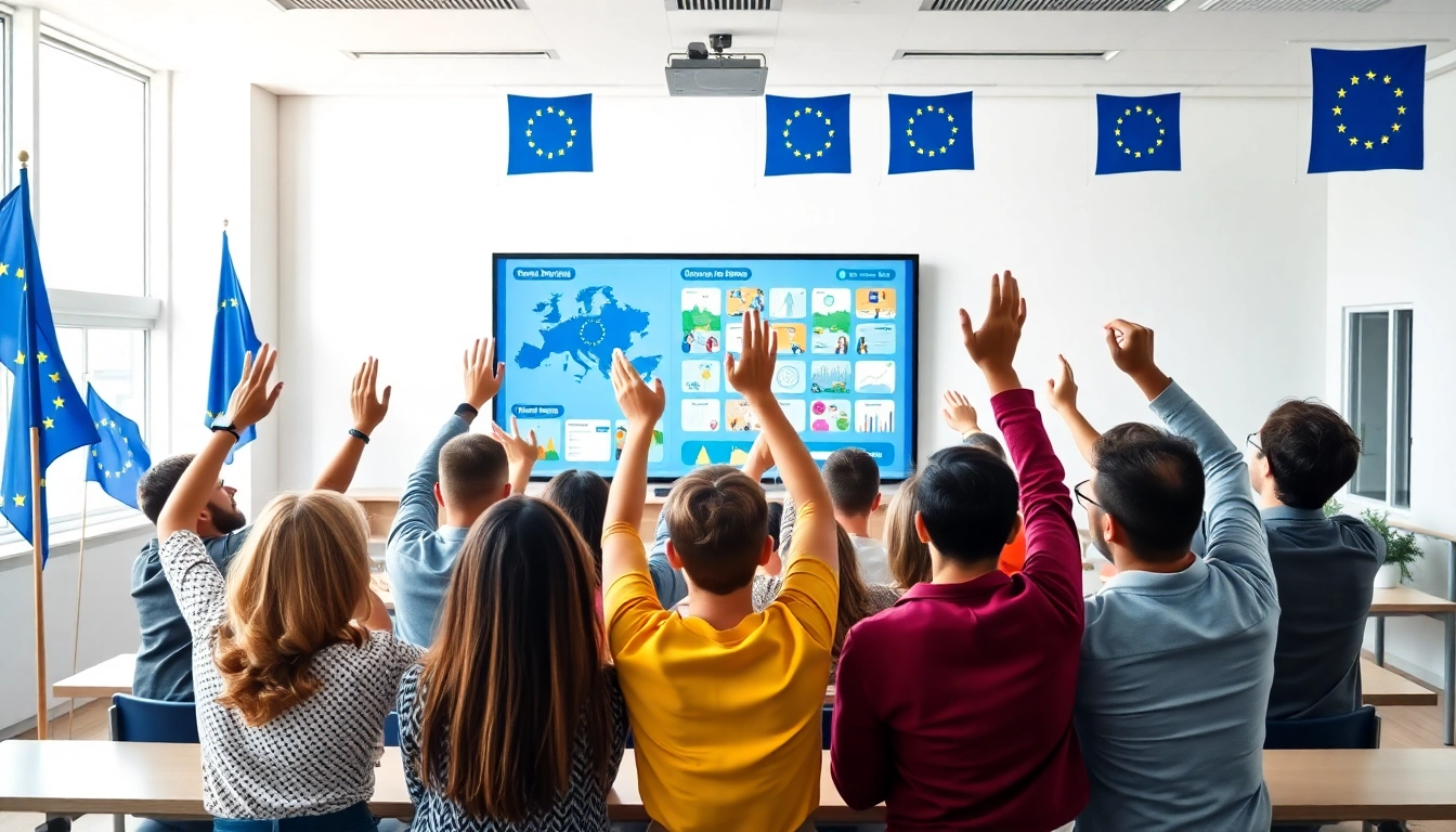 EU Quiz Teilnehmer in einem modernen Klassenzimmer mit interaktiven Fragen.
