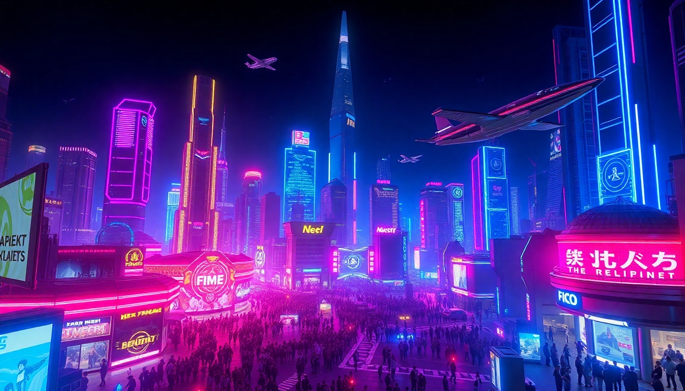 AI image generators create vibrant and dynamic futuristic cityscapes with neon colors and lively crowds.