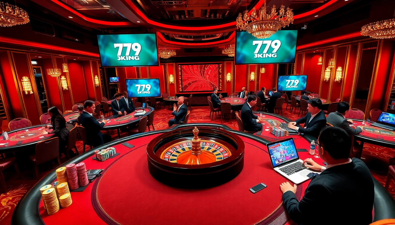 Exciting gaming scene at the 79KING casino featuring players at roulette and poker tables.