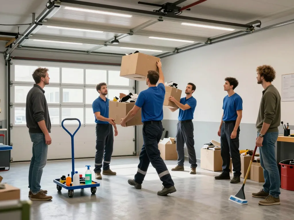 Räumung Wien Serviceteam, das effizient Unrat aus einer Garage beseitigt.