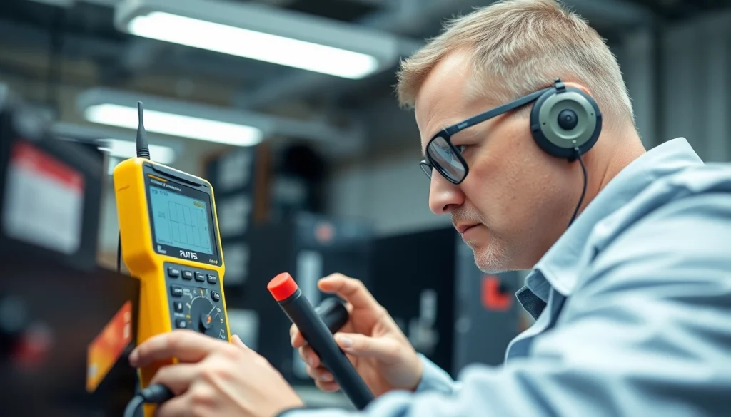Technician prüft der ortsveränderlichen elektrischen Betriebsmittel with precision tools in a bright workspace.