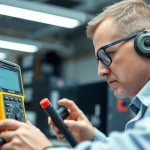 Technician prüft der ortsveränderlichen elektrischen Betriebsmittel with precision tools in a bright workspace.