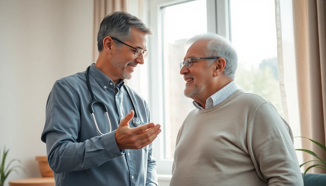 Pflegedienst zeigt empathischen Pflegeberater, der sich liebevoll um einen älteren Menschen kümmert.