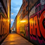 Entdecken Sie Graffiti Hamburg: Ein farbenfrohes Wandgraffiti erleuchtet von der Abendsonne, das Kreativität ausstrahlt.