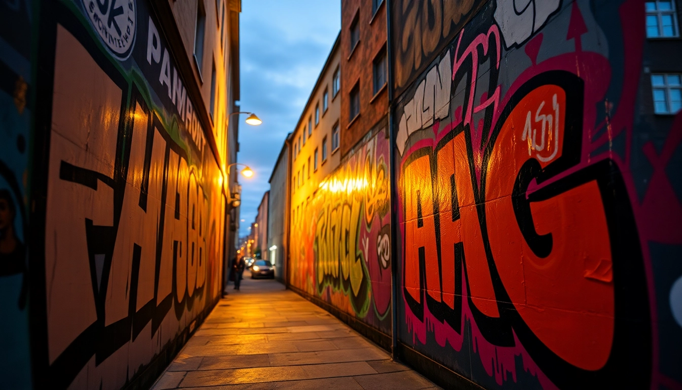 Entdecken Sie Graffiti Hamburg: Ein farbenfrohes Wandgraffiti erleuchtet von der Abendsonne, das Kreativität ausstrahlt.