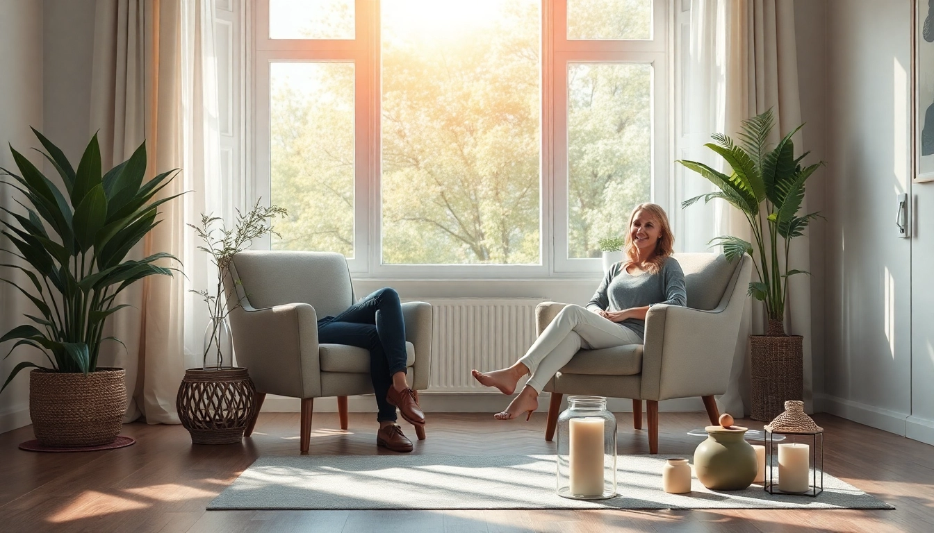 Klientin in Hypnose Hannover während einer beruhigenden Sitzung mit einem einfühlsamen Coach zur Entspannung.