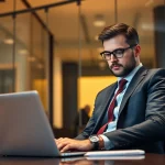 Headhunter arbeitet konzentriert in modernem Büro und sucht nach Talenten.