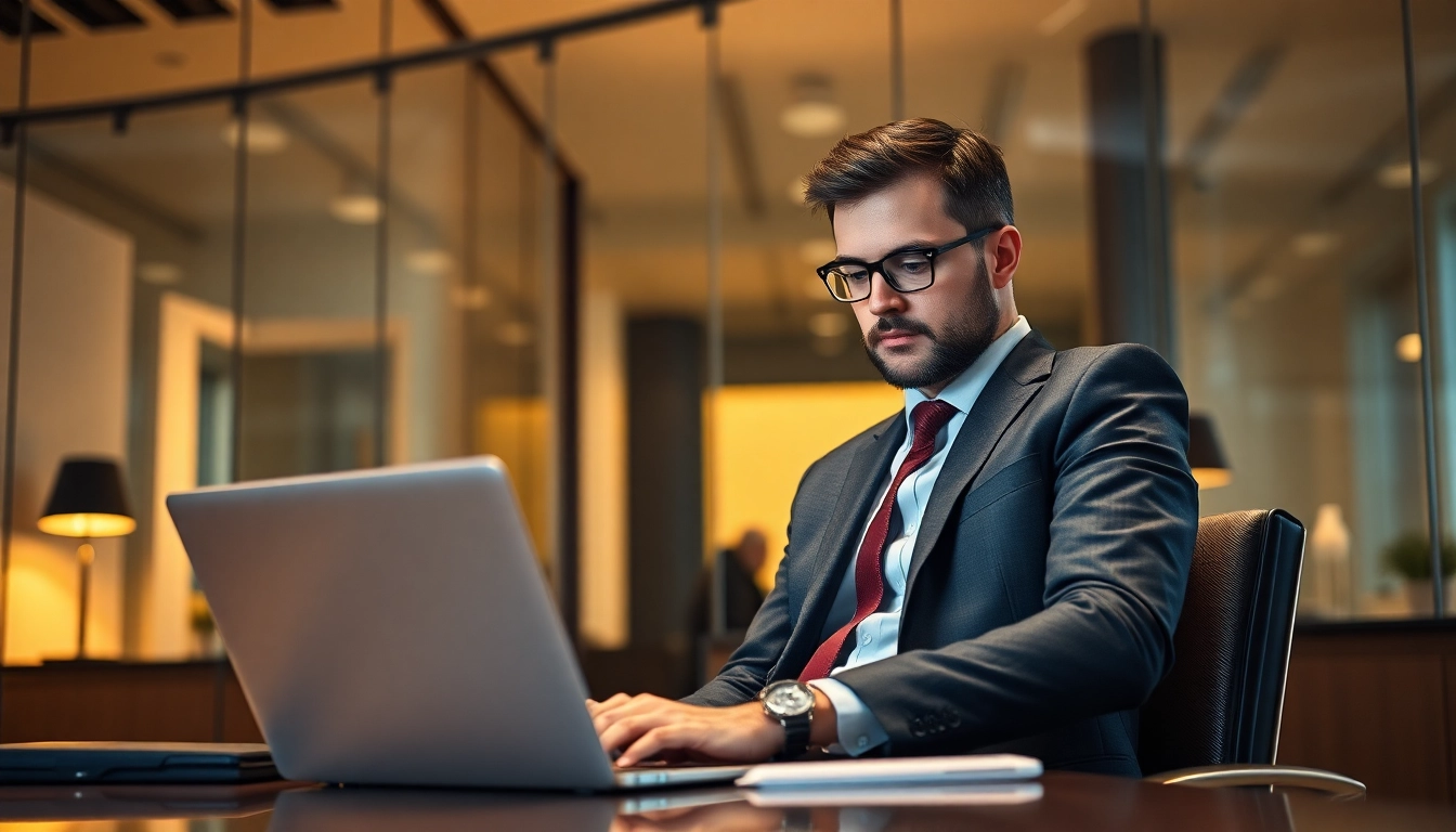 Headhunter arbeitet konzentriert in modernem Büro und sucht nach Talenten.
