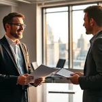 Headhunter Köln, der mit Kandidaten konsultiert und Geschäftsprofi in modernem Büro trifft.