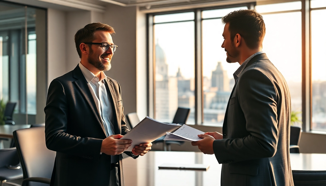 Headhunter Köln, der mit Kandidaten konsultiert und Geschäftsprofi in modernem Büro trifft.