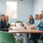 Professionelle Diskussion über Personalvermittlung in einem modernen Büro, umgeben von Fachleuten und Geräten.