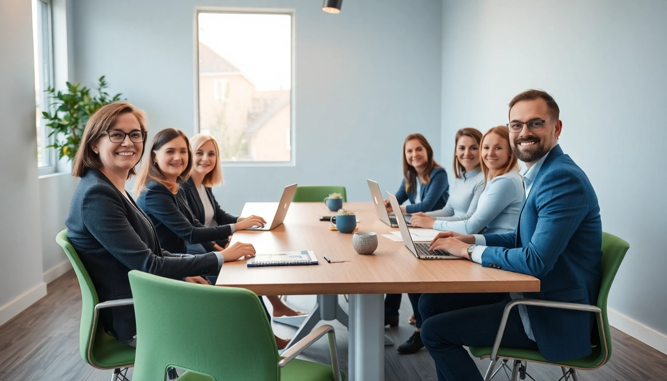 Professionelle Diskussion über Personalvermittlung in einem modernen Büro, umgeben von Fachleuten und Geräten.