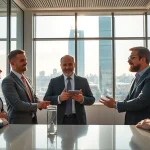 Headhunter Berlin: Aktive Geschäftsszene in einem modernen Büro mit dynamischen Diskussionen.