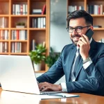 Headhunter im modernen Büro, während er mit Kandidaten kommuniziert und seinen Laptop nutzt.