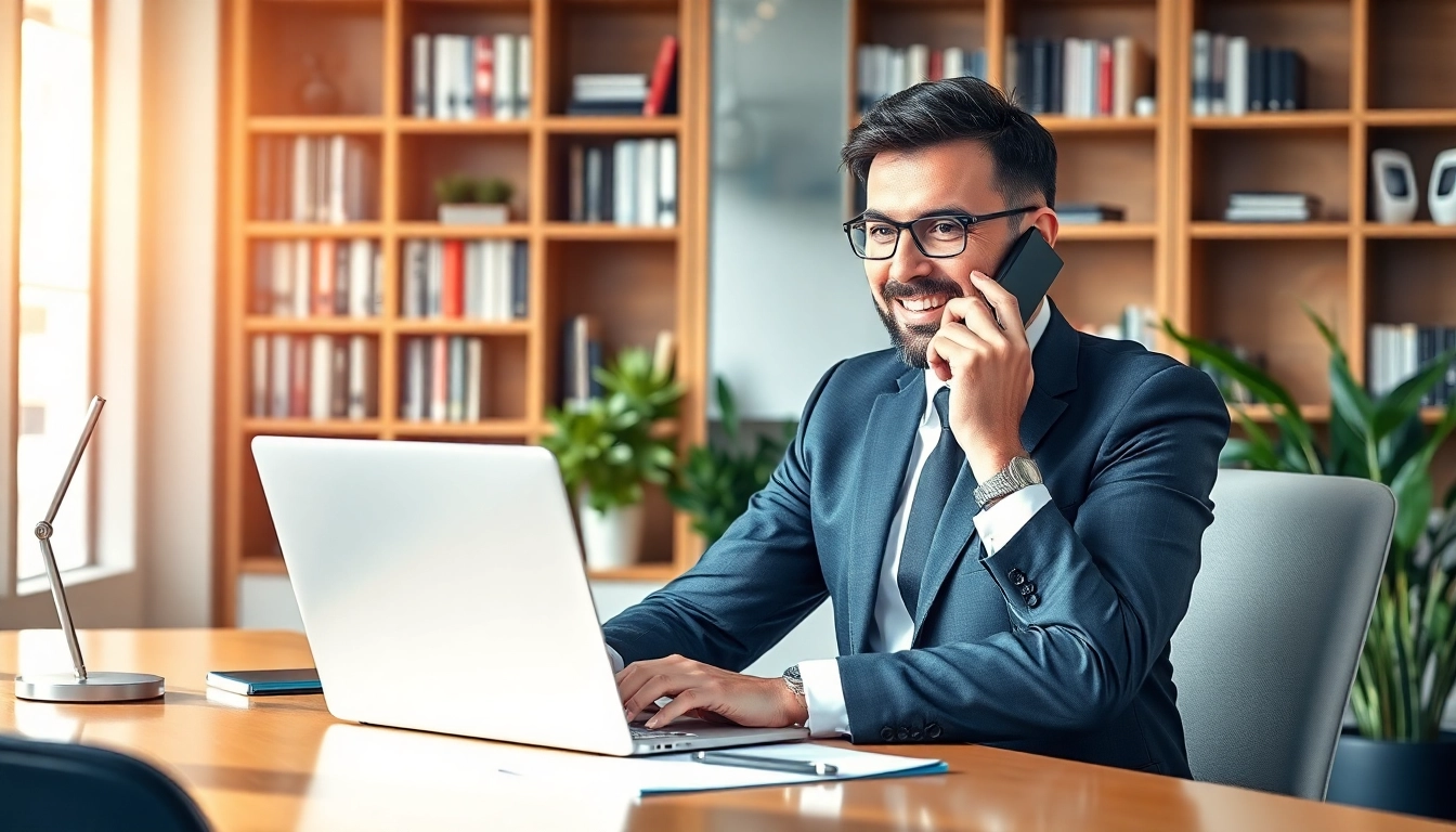 Headhunter im modernen Büro, während er mit Kandidaten kommuniziert und seinen Laptop nutzt.