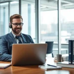 Headhunter Monchengladbach, der in einem modernen Büro arbeitet und mit Klienten telefoniert.