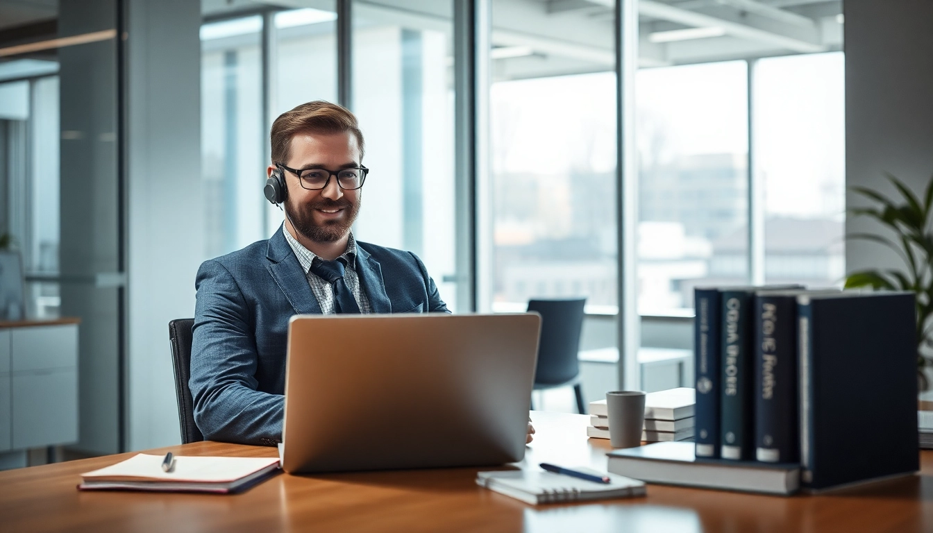 Headhunter Monchengladbach, der in einem modernen Büro arbeitet und mit Klienten telefoniert.