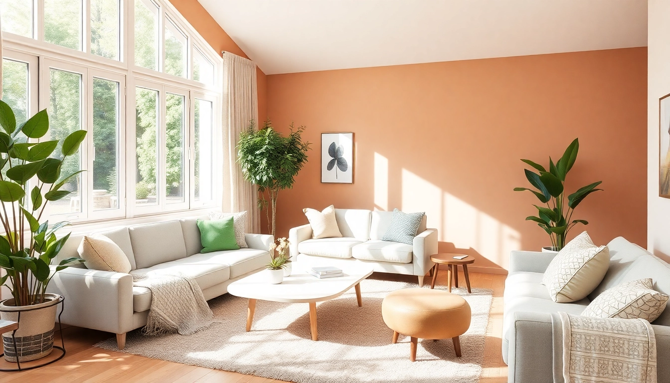 Natürliche Raumgestaltung mit warmen Farben und gemütlichen Möbeln im Wohnzimmer.