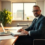 Headhunter Kiel bei der Arbeit in einem modernen Büro, umgeben von Bewerbungsunterlagen.