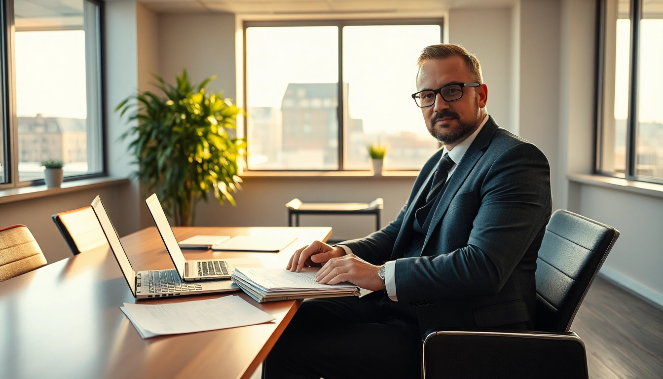 Headhunter Kiel bei der Arbeit in einem modernen Büro, umgeben von Bewerbungsunterlagen.