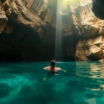 Tauchen Cenotes: Ein Taucher erkundet die atemberaubende Unterwasserwelt einer Cenote.