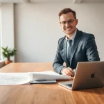 Headhunter Ingenieure in einem modernen Büro bei der Arbeit mit technischen Zeichnungen und Laptop.