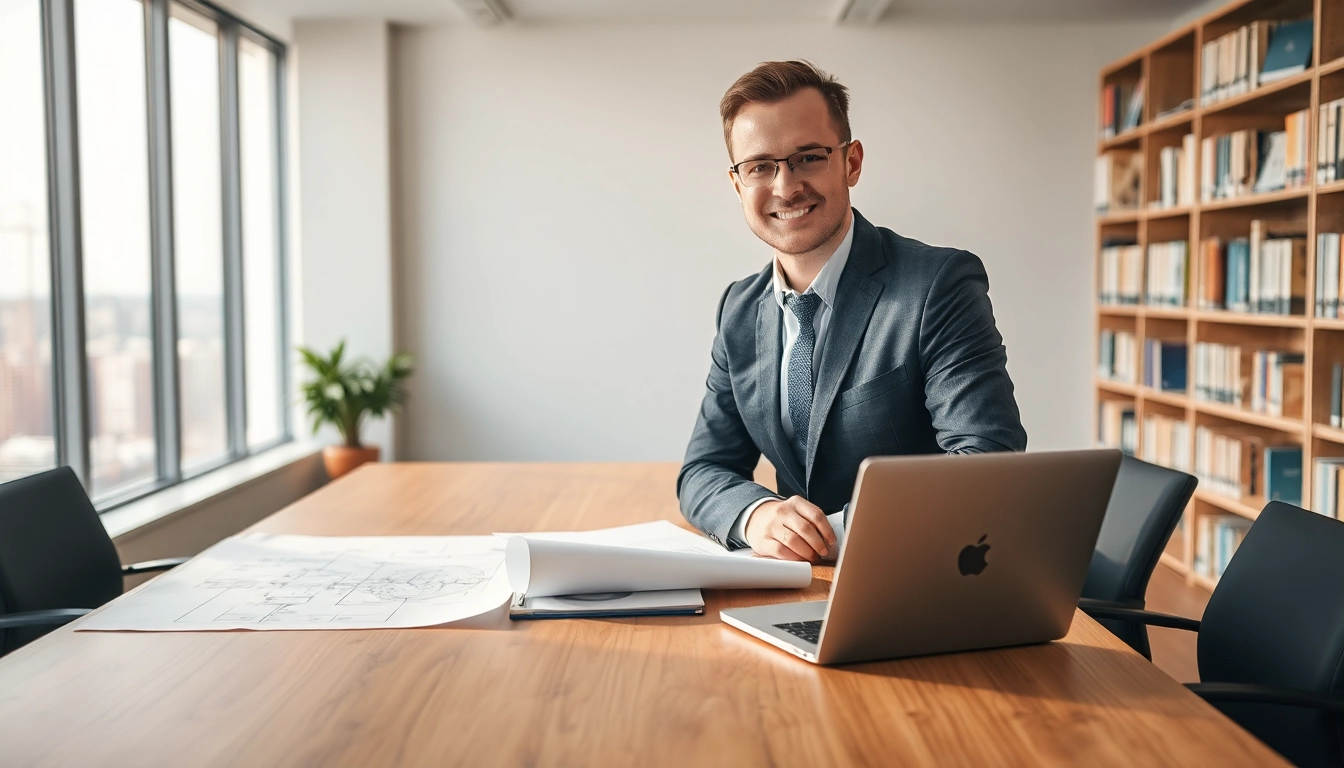 Headhunter Ingenieure in einem modernen Büro bei der Arbeit mit technischen Zeichnungen und Laptop.