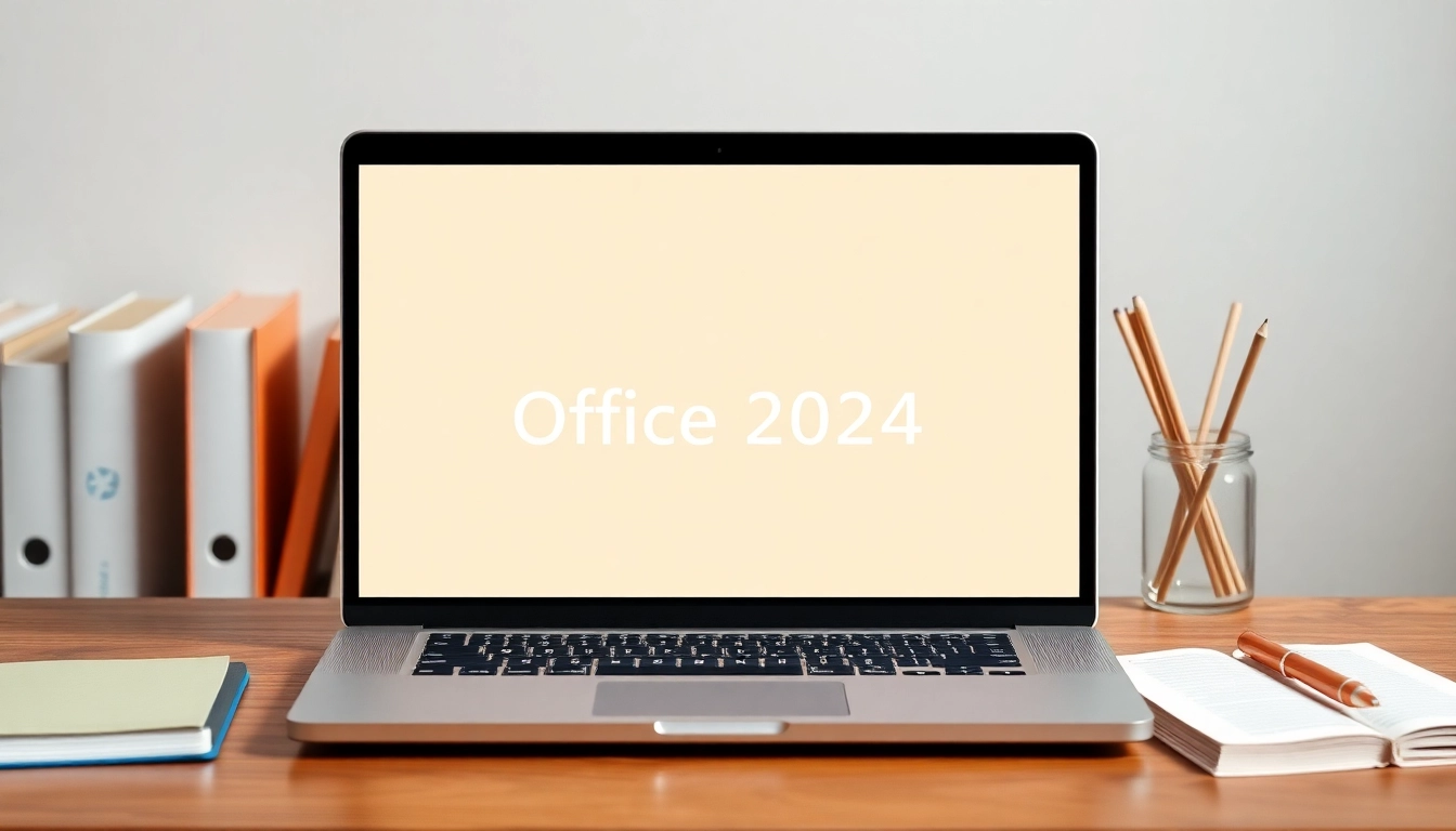 Erleben Sie die Benutzeroberfläche von Office 2024 Mac ohne Abonnement auf einem modernen Laptop in inspirierendem Büroambiente.