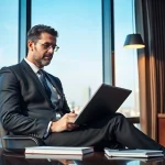 Professioneller Headhunter Geschäftsführer arbeitet in einem eleganten Büro mit Laptop und Notizbuch.
