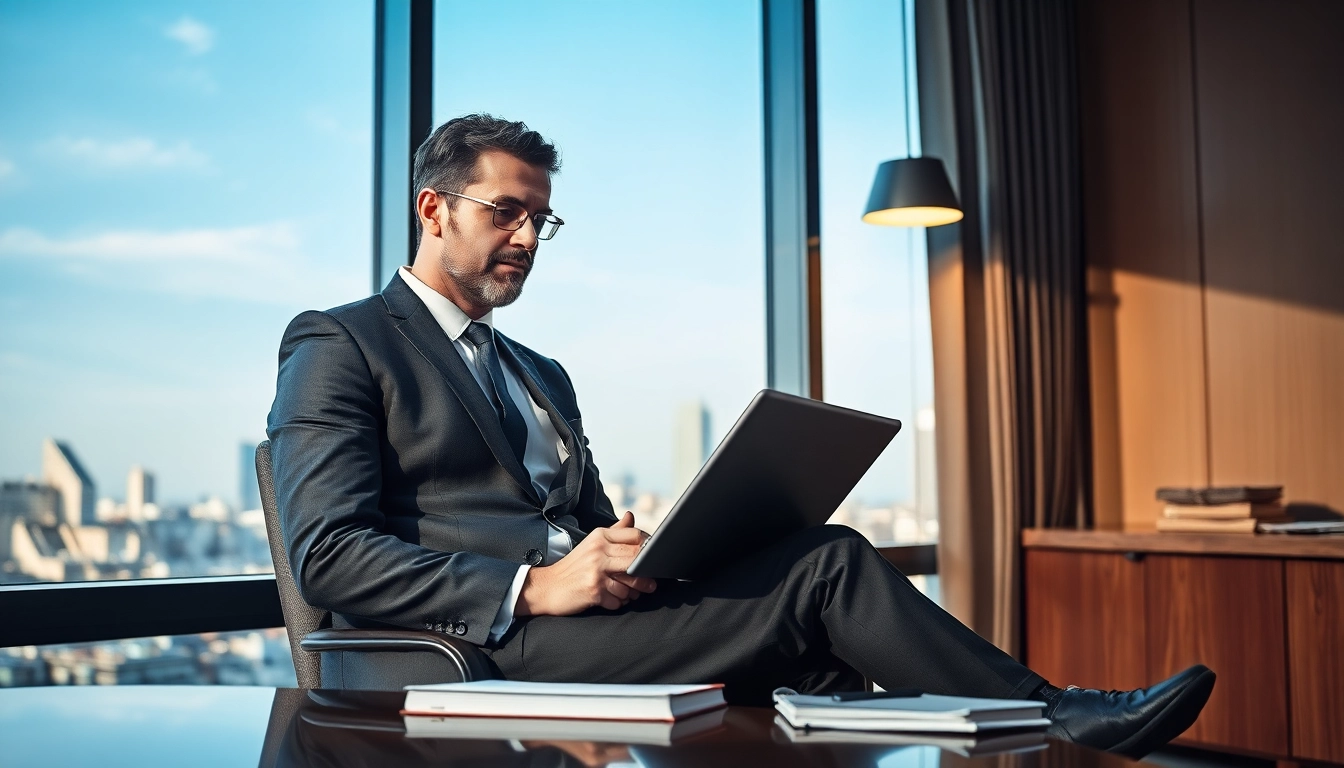 Professioneller Headhunter Geschäftsführer arbeitet in einem eleganten Büro mit Laptop und Notizbuch.