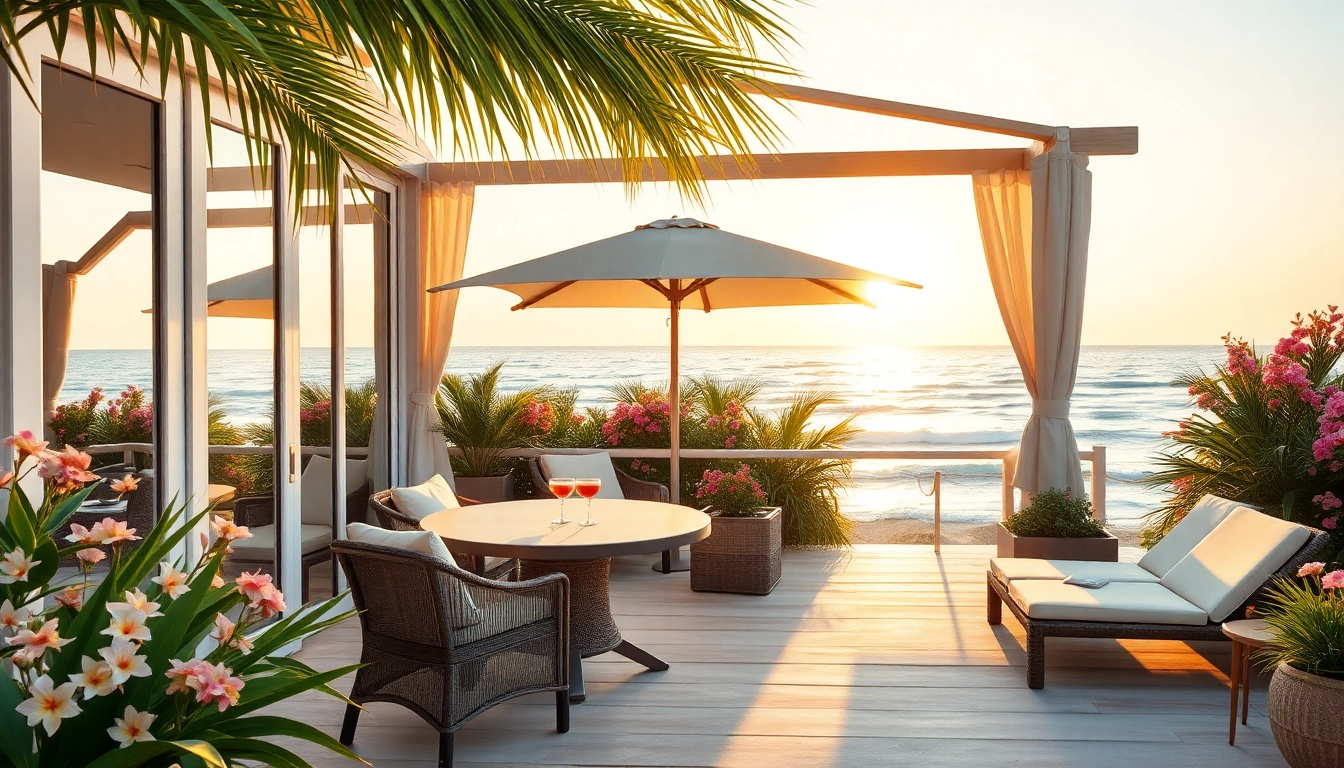 Entdecke ein Coastal Cabana mit palmenumgebenem Außenbereich, ideal für entspannende Tage am Strand.